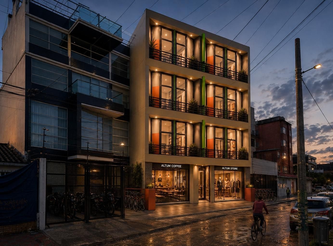 Fachada del edificio ALTUM de noche