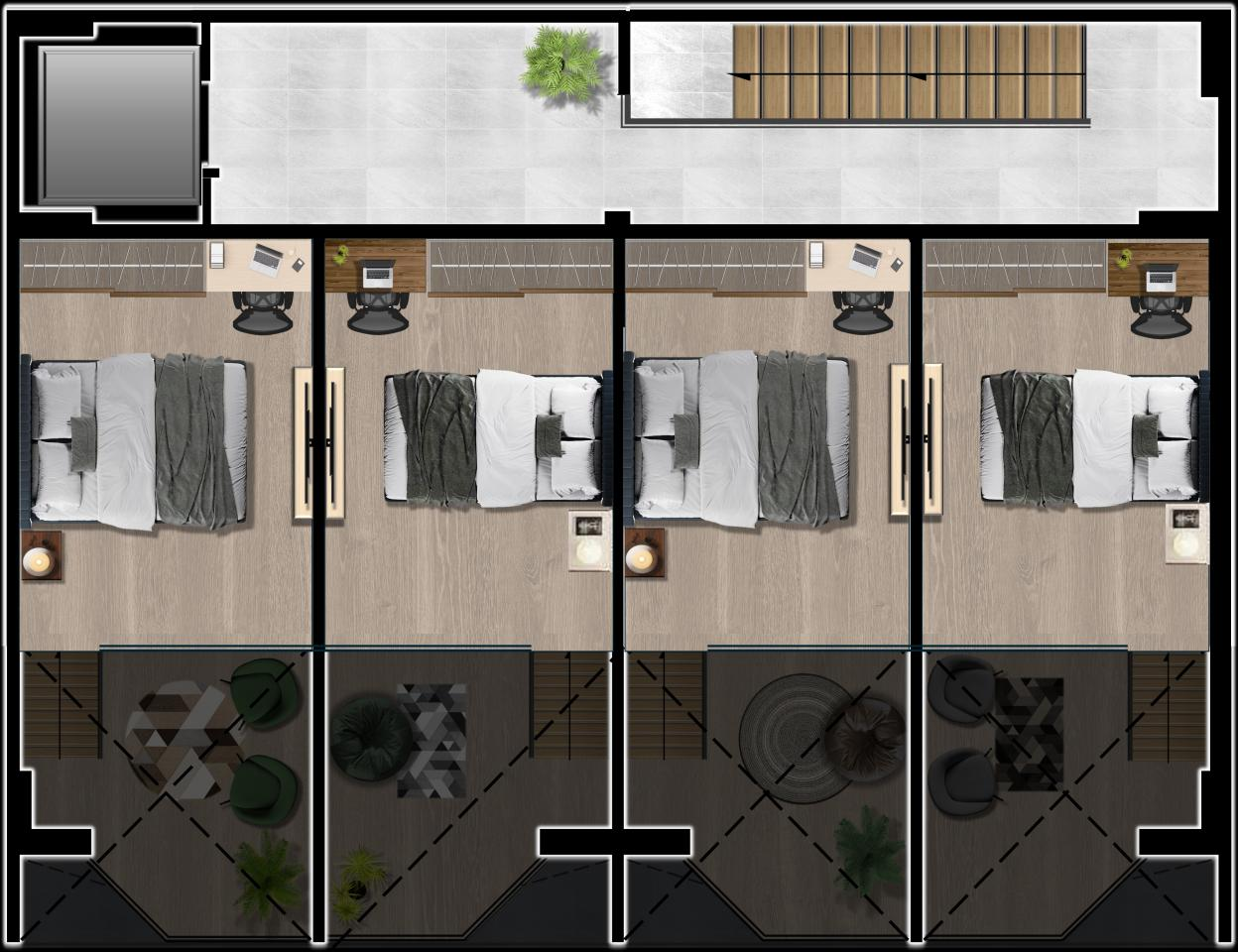 Plano del piso 4 con los mezzanines de cada apartaestudio