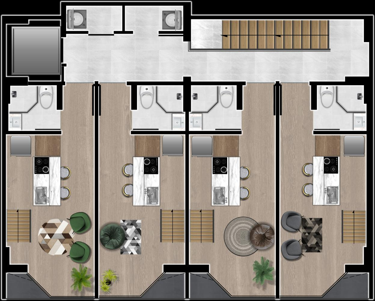 Plano de los pisos 2 y 3 con cuatro apartaestudios
